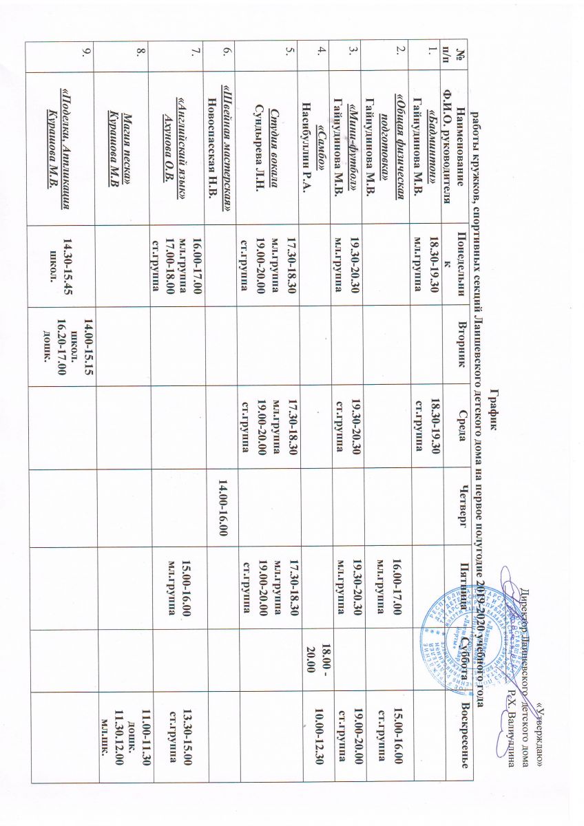 График работы кружков Лаишевского детского дома