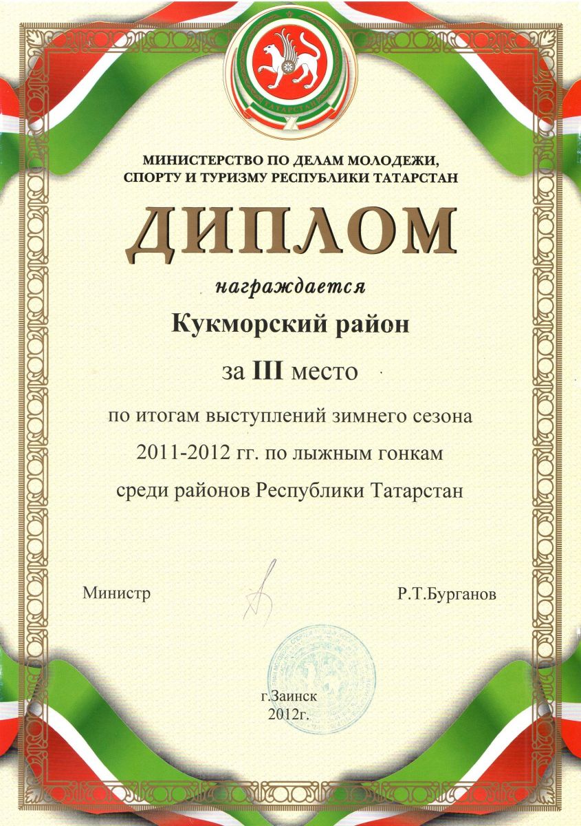 Диплом, Министерство по делам молодежи,спорта и туризма РТ, 3 место, 2012