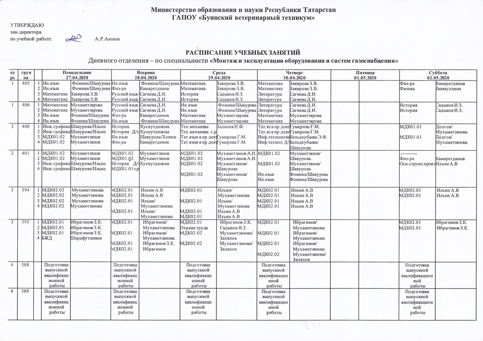 Расписание занятий с 13.04.2020